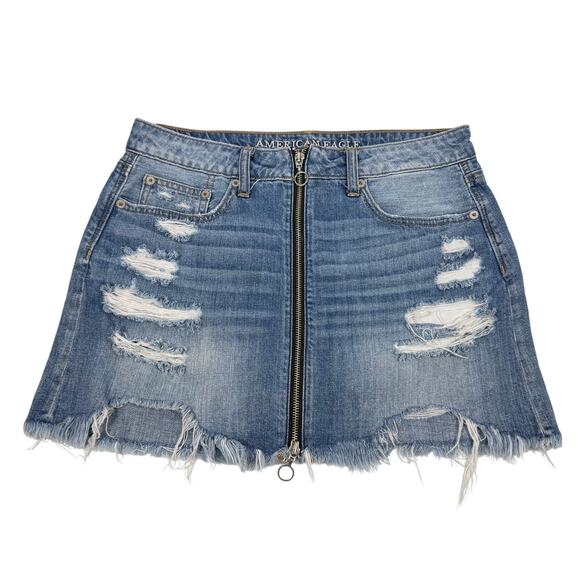 American Eagle Outfitters Dresses & Skirts - American Eagle Denim Mini A-Line Skirt Size 6 Blue Zip Front Raw Hem Distressed